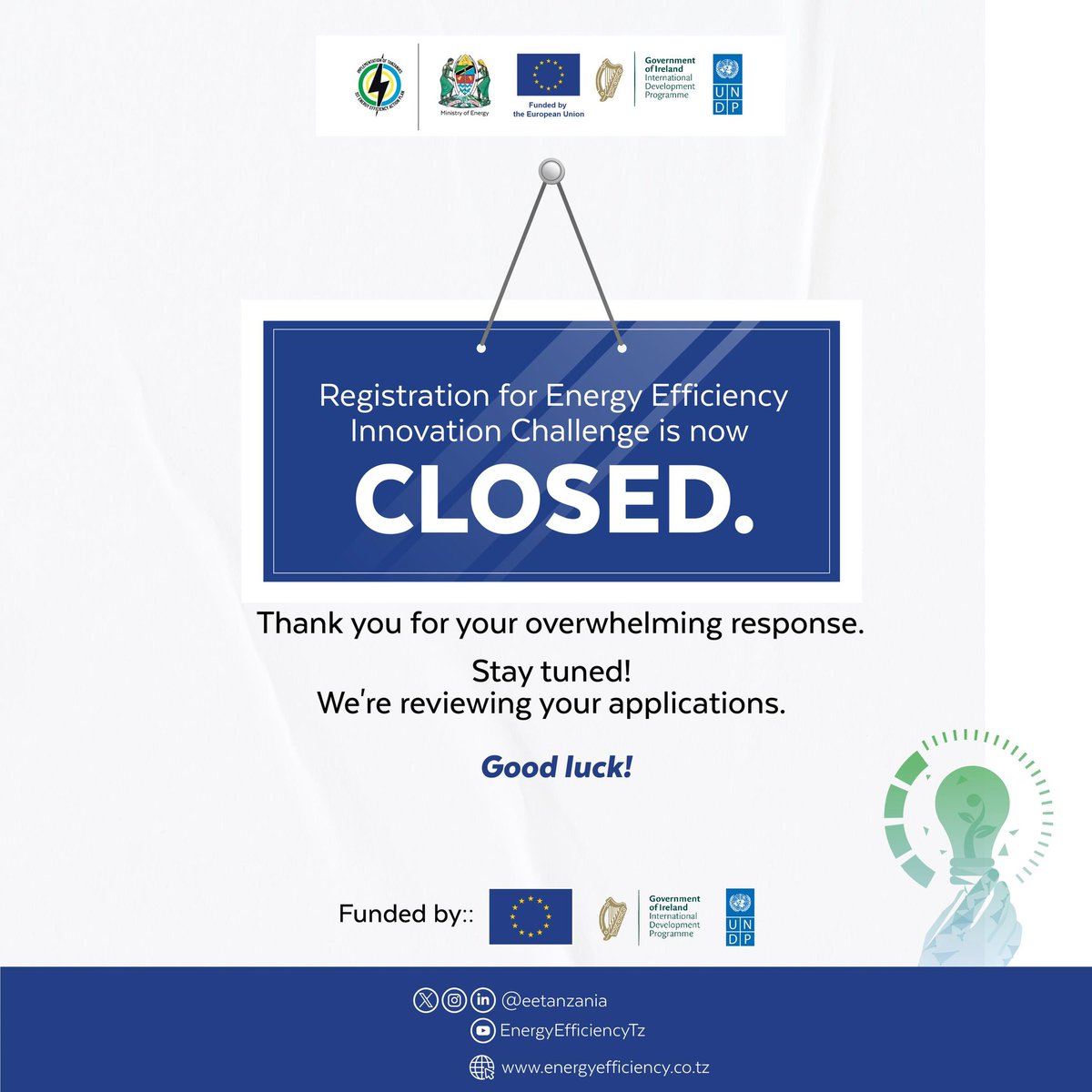 The Energy Efficiency Innovation Challenge application window is now closed. Thank you for your submission! We are currently reviewing all applications and will notify you of the outcome shortly. Stay tuned for updates! #EnergyEfficiency @EUinTZ @Nishati2017 @IrlEmbTanzania