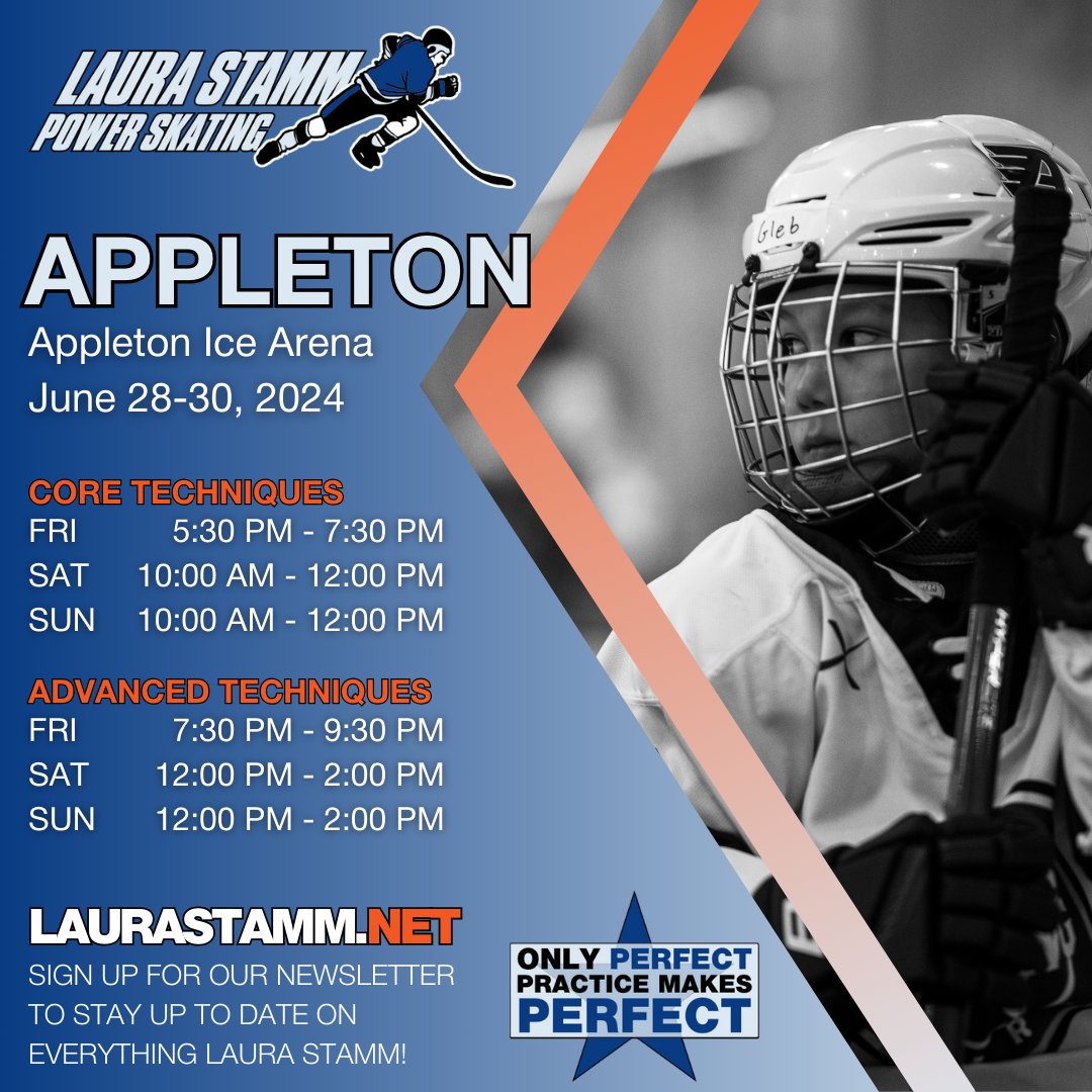 Skate with finesse and power.  Join us from June 28-30 at the @AppletonIce and get the competitive edge you need. 🏒

Register Here bit.ly/LSPSclinicsUS?…

#LauraStrammPowerSkating #SkatingClinic #SkatingTechnique #SkatingDevelopment #PowerSkating #HockeySkating #HockeyPlayers