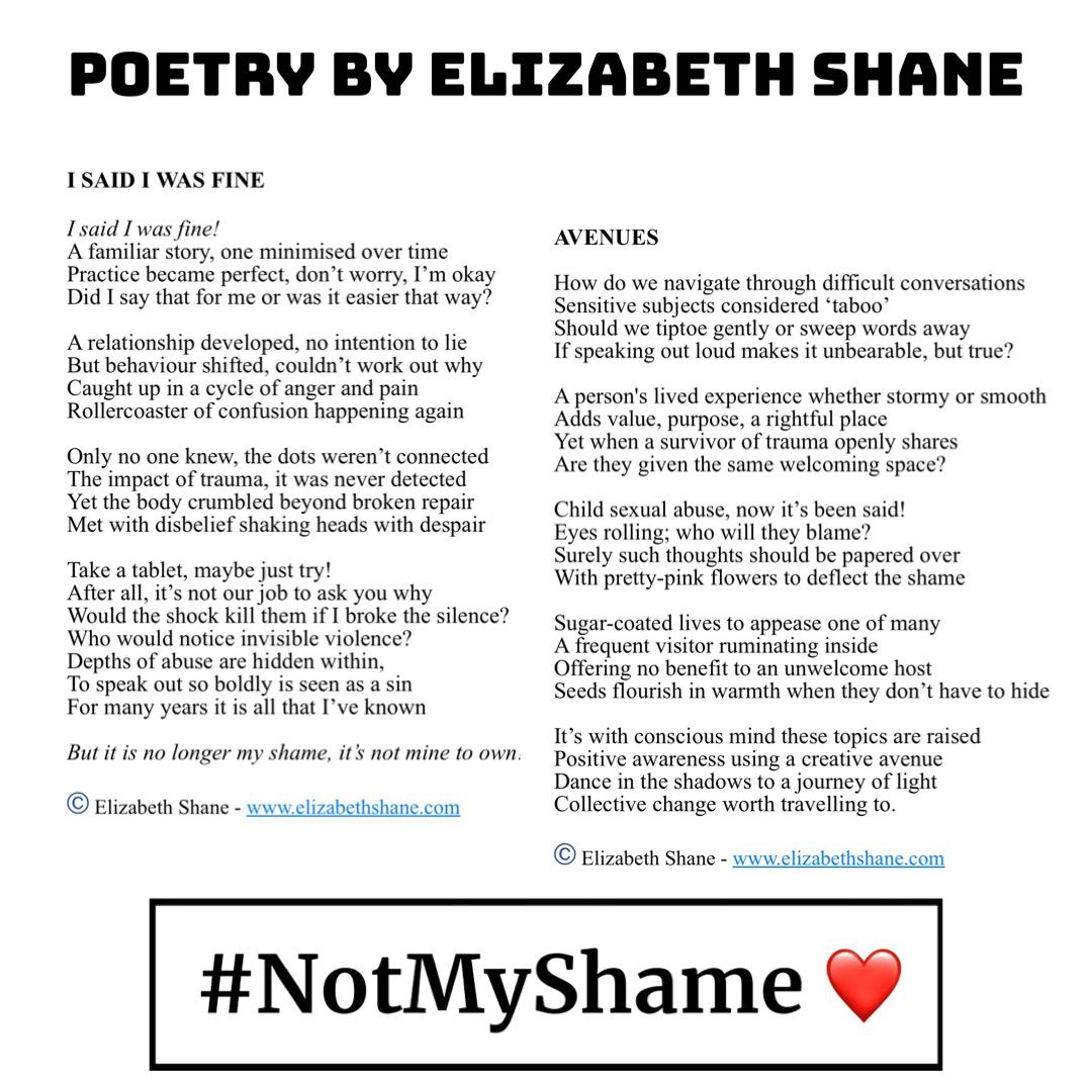 Thank you Elizabeth, these are such beautiful poems that so many of us can relate to. You have a talent that inspires us all. 

#NotMyShame #poetry #awarenessday #CSA