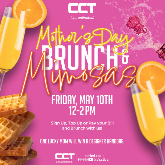 Join us for Brunch & Mimosas🥂 on Friday, May 10th! Top Up, Pay your Bill or Sign Up and brunch with us at our Flagship and Virgin Gorda store. One lucky mom will win a designer handbag. 👜🧡

#cctlifeunlimted #LifeUnlimited #CCTBVI #MOMents #HelloMay #ShareYourMOMentsWithCCT