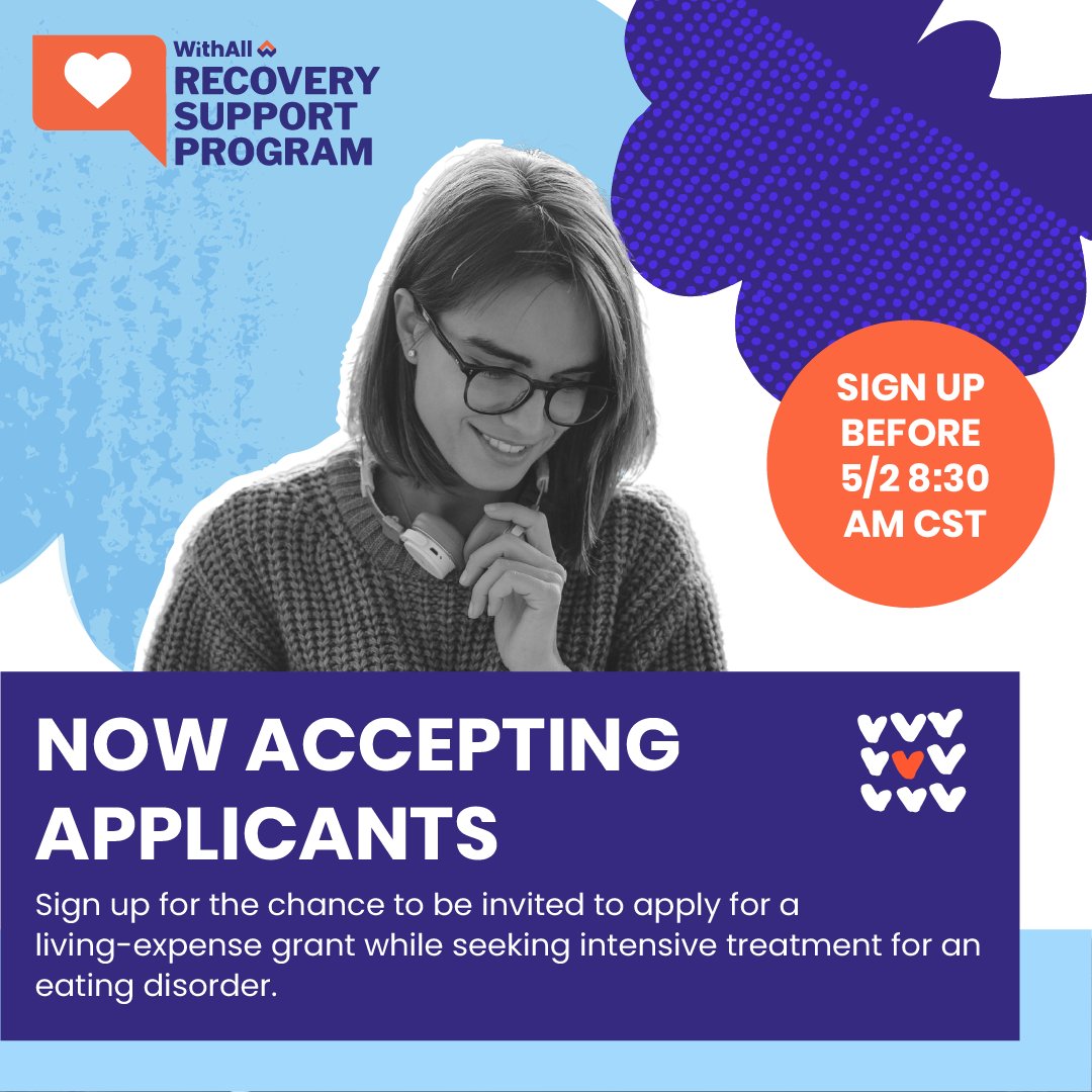 Do you need intensive eating disorder treatment, but living expenses are standing in your way? We can help! Apply before 8:30 am CST on May 2nd (tomorrow!) to be considered. withall.org/get-support/
#EatingDisorderGrant #EatingDisorderRecovery #RecoveryIsPossible