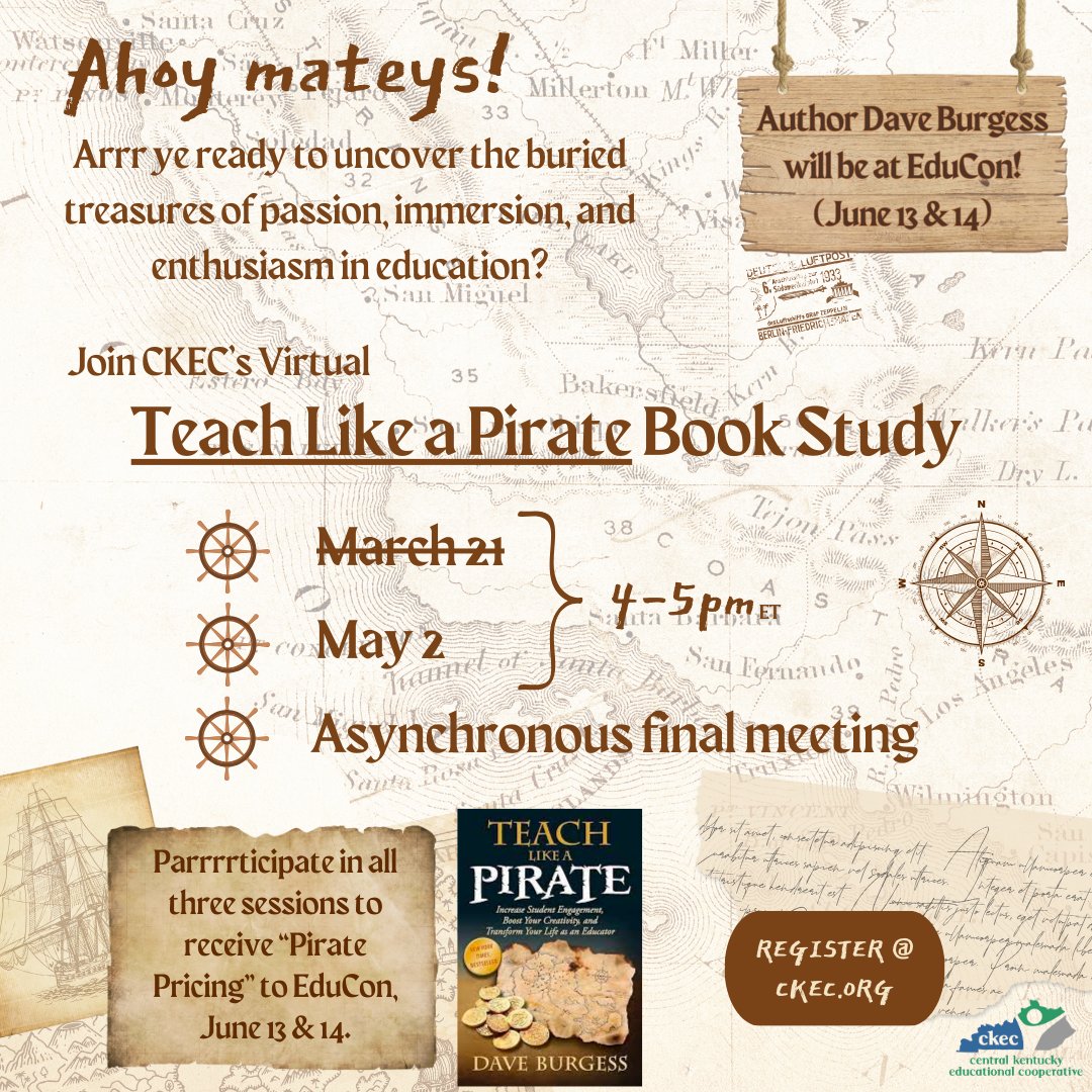 TOMORRRRROW! ☠️ Set sail on session 2 of our virtual 'Teach Like a Pirate' book study, a perfect pre-accompaniment to CKEC’s EduCon (where author Dave Burgess is a keynote speaker)! 🏴‍☠️ Sign up today or walk the plank! @burgessdave #tlap 📚 bit.ly/ckec-tlap