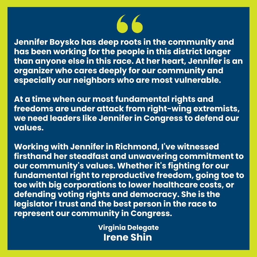 Irene is a rising star who represents the future of Virginia leadership. I'm honored to have earned her support and look forward to continuing our work together. @ireneshintweets 
#Endorsement #TeamBoysko #VA10