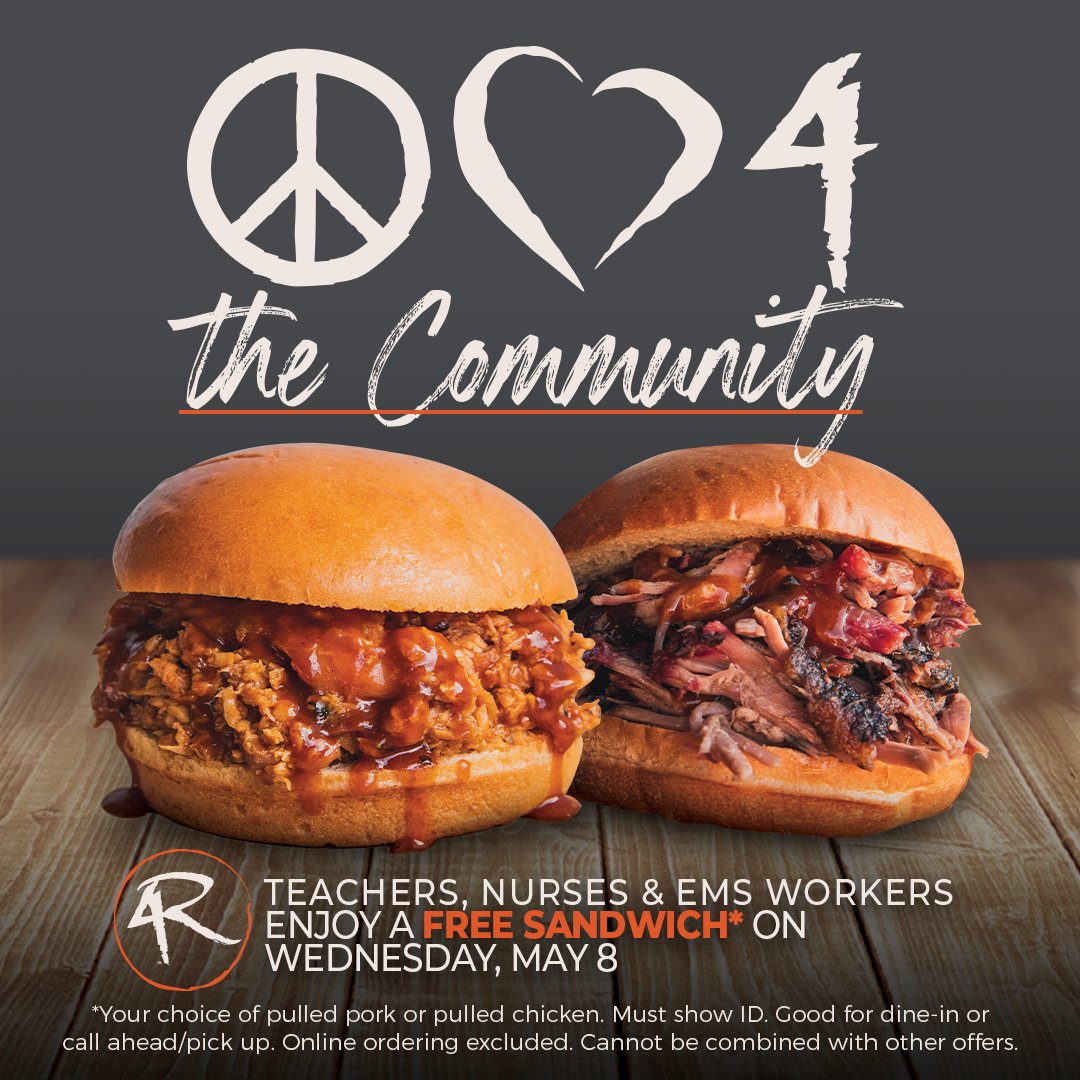 Peace, Love, 4 The Community. All day May 8th we are celebrating and showing gratitude towards our Teachers, Nurses, & EMS Workers with the gift of a free sandwich. Thank you for everything and we hope to see you there!