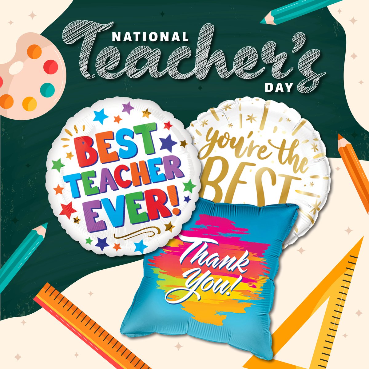 Show your appreciation on May 7 to all teachers. Thank you for going above and beyond for our students. Happy National Teacher's Day!

#NationalTeacherDay #GiveThanks #ThankYou

balloons.com/search/Teacher