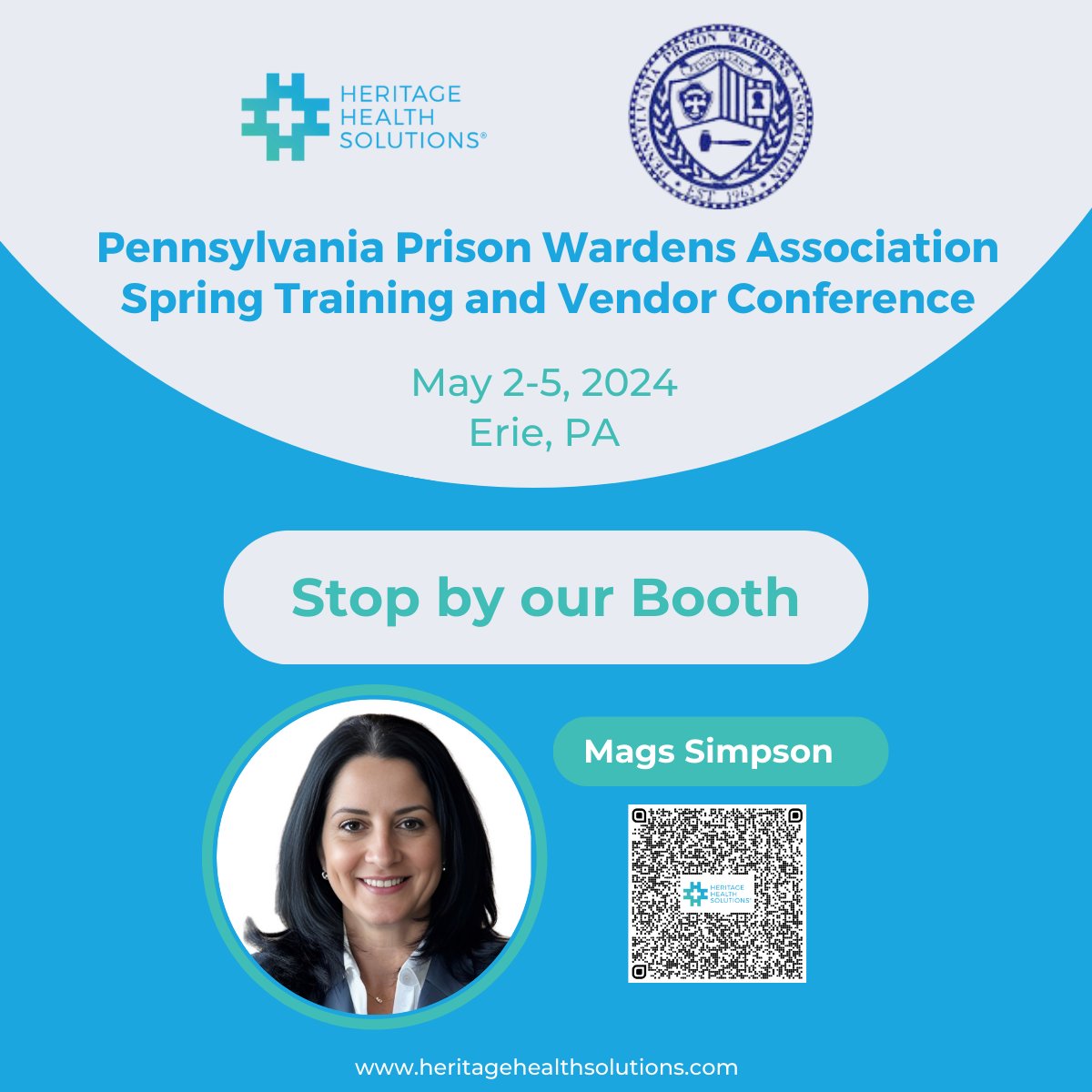Join us at the PPA Wardens Conference May 2-5, 2024. Stop by our booth and discover how <a href="/Heritageorg/">Heritage Health Solutions</a> is changing inmate off-site medical care. Mags will be at the conference and wants to discuss how we can SAVE your county/agency money.