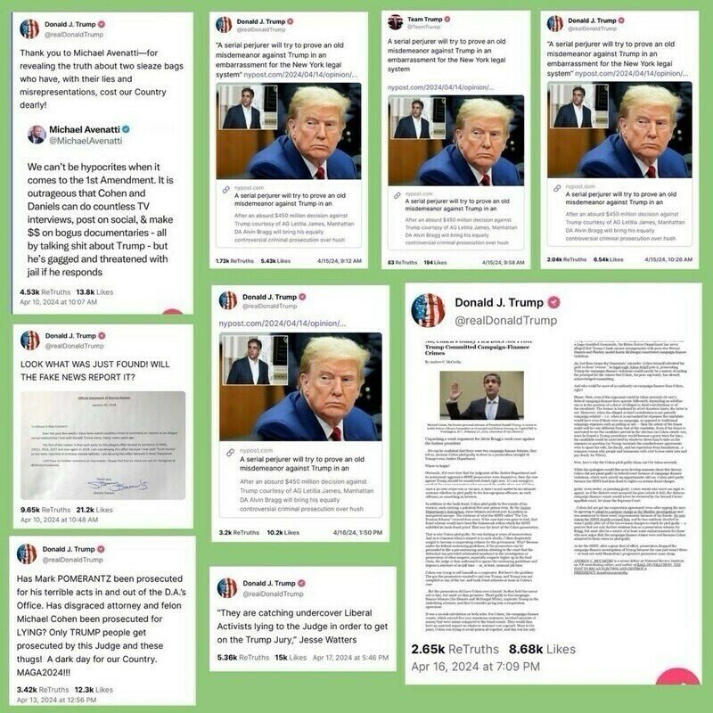 Suzy_1776's tweet image. These are the seven posts DJT was ordered to delete. We are his voice, so let’s keep them in circulation.🇺🇸