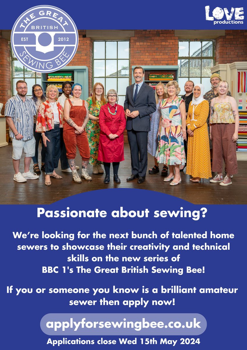 Love Productions have been in touch with us to make us and our community aware that , I am applications are now open for new series of The Great British Sewing Bee and they are looking for a new bunch of amateur sewers to take part! buff.ly/2HYmn4t #Tourettes