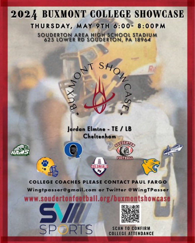 I’ll be attending the 2024 #BuxmontShowcase next Thursday, May 9th! Looking forward to displaying my talents with other premier SE PA athletes.

*LB is my main position *

(<a href="/WingTPasser/">Paul Fargo 🔴⚪️🏈🏆</a> ) (<a href="/TroyKGore/">Coach Troy Gore</a> ) (<a href="/CheltenhamPant1/">Cheltenham Panthers 🏈</a> )