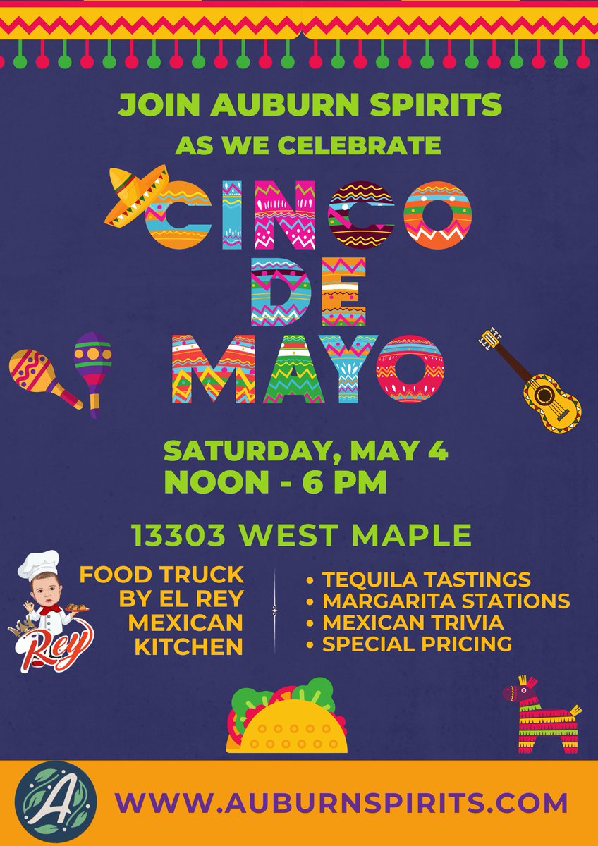 Occidental_Mgmt's tweet photo. Invite your neighbors and friends and join the fun at Auburn Spirits this Saturday, May 4th, for a pre-Cinco de Mayo celebration

🌮  Indulge your senses with 14 tequila and cocktail tastings 
🌮  Food truck with mouthwatering tacos and quesadillas
🌮  Free to attend; must be 21 https://t.co/bbEh1heIZs
