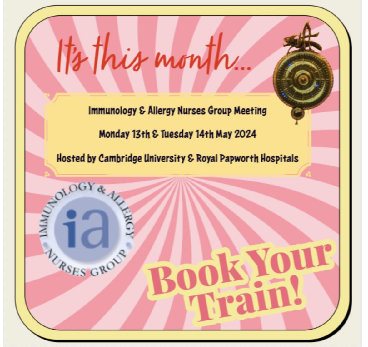 Hello May! 🌸
✨This can only mean one thing…
✨The Immunology &amp; Allergy Nurse Group Meeting is this month! 
🚂Book your train, plane or ferry!…
✨See you there!…