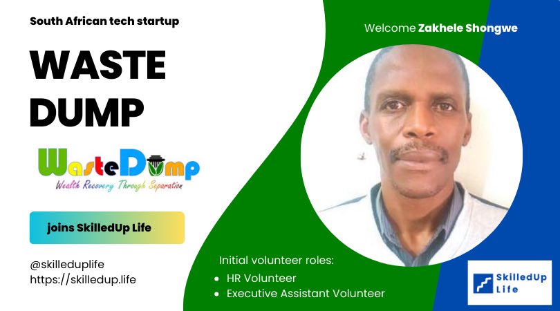 #SouthAfrican #techstartup #Wastedump subscribes to @SkilledUpLife to build their team and bring Zakhele Shongwe vision to reality. Zakhele is looking for a #HRVolunteer and #ExecutiveAssistant Volunteer to join his team.