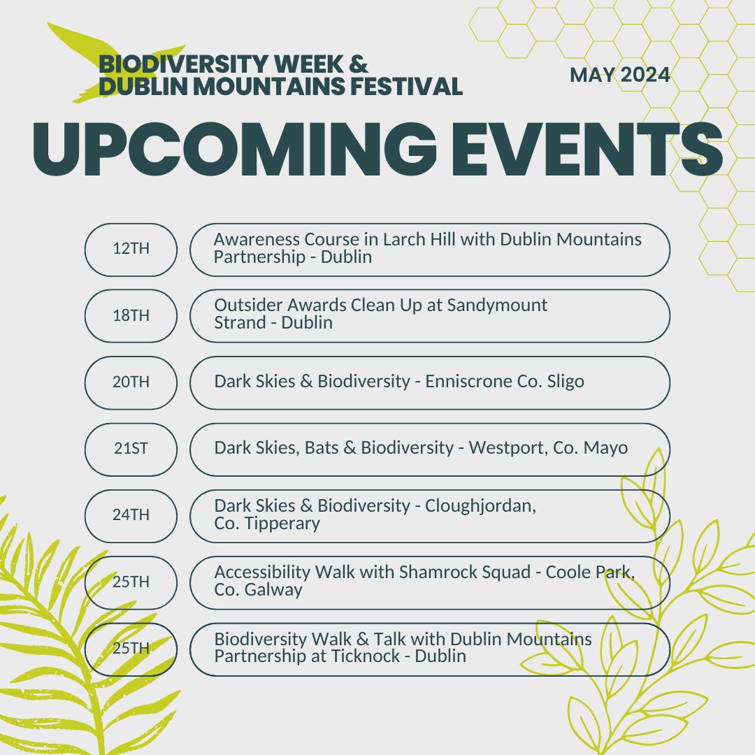 📆 Upcoming Events!📍 This month we're taking part in #BiodiversityWeek, the @DubMountains #DublinMountainsFestival, and will be out with @darkskyireland for their biodiversity events! Make sure to book now to save your spot! 💚 leavenotraceireland.org/may-events-202…
