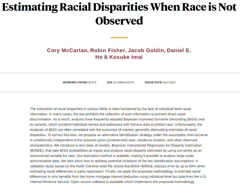 A new method for using individual-level race probabilities to estimate differences in outcomes by race, from Cory McCartan, Robin Fisher, @jacobsgoldin, Daniel E. Ho, and Kosuke Imai nber.org/papers/w32373