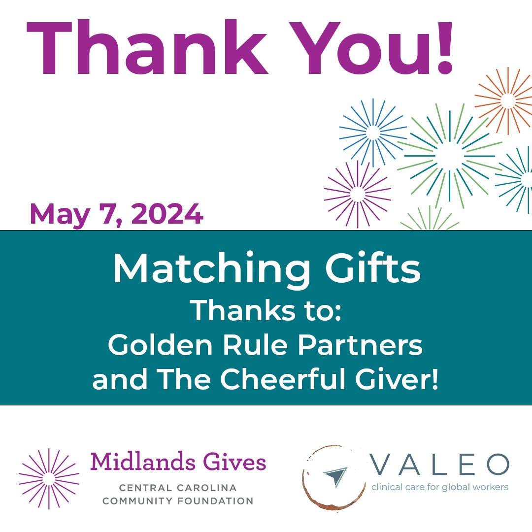 Always grateful for our Father's blessings. Also for Golden Rule Partners & the Cheerful Giver for matching gifts that #AmplifyYourImpact. Help achieve our goal & maximize your giving. Every dollar provides mental health care for global workers! 
Visit midlandsgives.org/Valeo