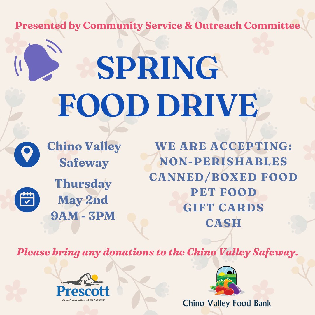 Don't forget to join us tomorrow for the Annual Spring Food Drive! Make sure to bring all donations from your offices to the Chino Valley Safeway. let's help those in need & make our community a better place together! 🤩🔔 #ThePowerofPAAR #FoodDrive #ChinoValley #paarmembers