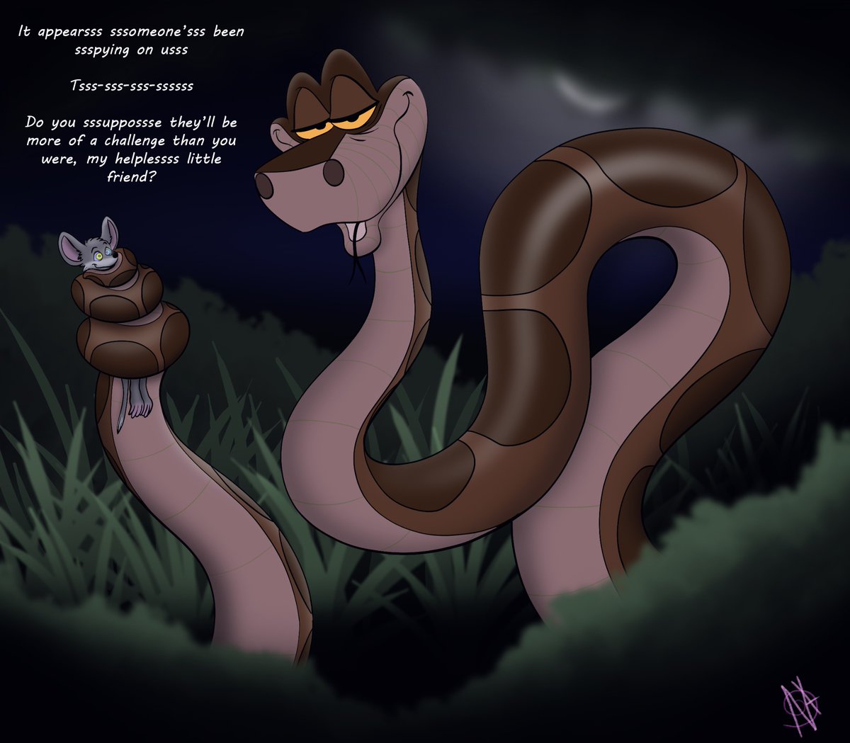 Uh oh, seems you’ve been noticed. You gotta be a lil more careful if you don’t want to end up in the same position as that mouse. Or… Perhaps that’s exactly what you wanted :3 A little continuation to the Kaa Day piece I did. Hehe Hope everyone has a fantassstic day today!