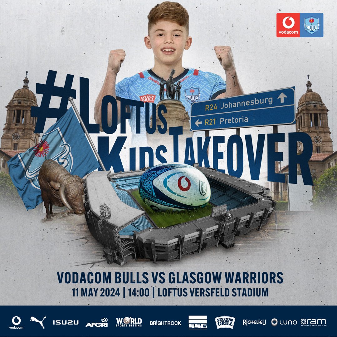 #LoftusKidsTakeover 🏉👀

🏉Vodacom Bulls vs Glasgow Warriors 
📍Loftus Versfeld
🗓️11 May 2024 
⏰Kick-Off: 14:00 
🎟️TICKETS: ln.run/4qJ9z 

‼️ALL KIDS ENTER FOR FREE‼️

@Vodacom #URC

#KidsRound | #BackTheBulls