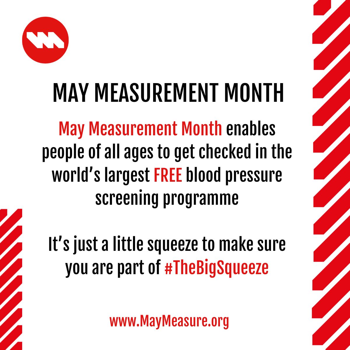 This month is May Measure Month 2024 which focuses on increasing access to blood pressure screening - 10 million lives are lost each year needlessly due to raised blood pressure. Get your blood pressure checked, be a part of #TheBigSqueeze bit.ly/3vX4bpd