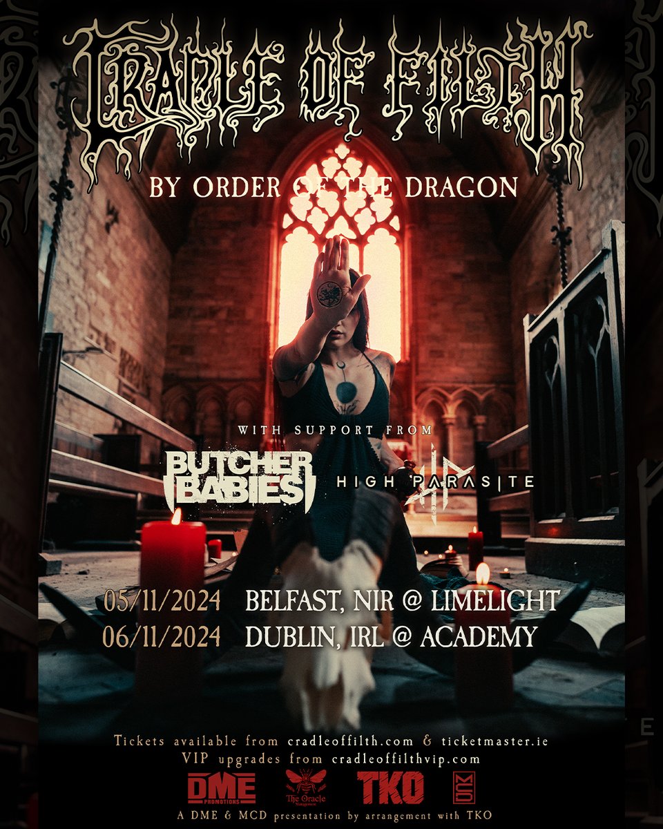 ☠️ NOW ON SALE ☠️ Cradle Of Filth in Ireland in November now on sale via Ticketmaster. Special guests Butcher Babies & High Parasite. @CradleofFilth @ButcherBabies @HighParasite @academydublin @LimelightNI