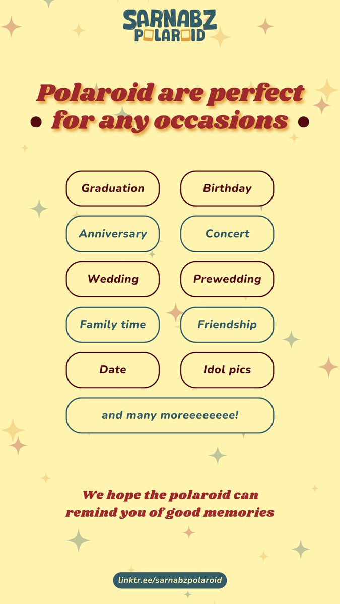 sarnabzpolaroid's tweet image. 🪩 [OPEN ORDER POLAROID] 🪩

Butuh cetak foto buat kenang-kenangan? Polaroid solusinya! 🤩
Hasil fotonya bisa awet bertahun-tahun, tintanya nggak akan luntur, dan bisa buat juga pajangan, lohh~

Order before our stocks run out 🤫
linktr.ee/sarnabzpolaroid 🪄
