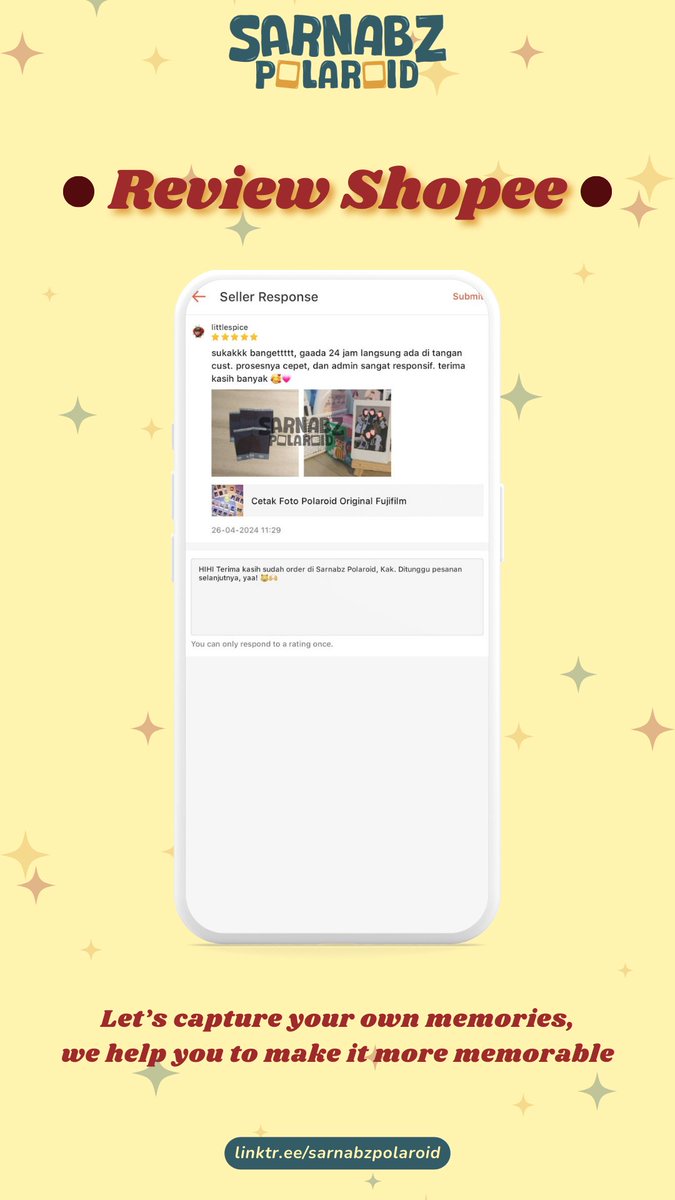 sarnabzpolaroid's tweet image. 🪩 [OPEN ORDER POLAROID] 🪩

Butuh cetak foto buat kenang-kenangan? Polaroid solusinya! 🤩
Hasil fotonya bisa awet bertahun-tahun, tintanya nggak akan luntur, dan bisa buat juga pajangan, lohh~

Order before our stocks run out 🤫
linktr.ee/sarnabzpolaroid 🪄