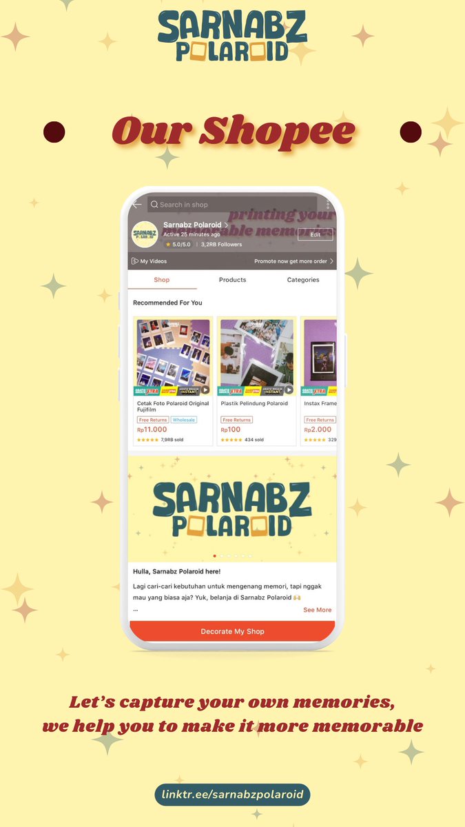 sarnabzpolaroid's tweet image. 🪩 [OPEN ORDER POLAROID] 🪩

Butuh cetak foto buat kenang-kenangan? Polaroid solusinya! 🤩
Hasil fotonya bisa awet bertahun-tahun, tintanya nggak akan luntur, dan bisa buat juga pajangan, lohh~

Order before our stocks run out 🤫
linktr.ee/sarnabzpolaroid 🪄