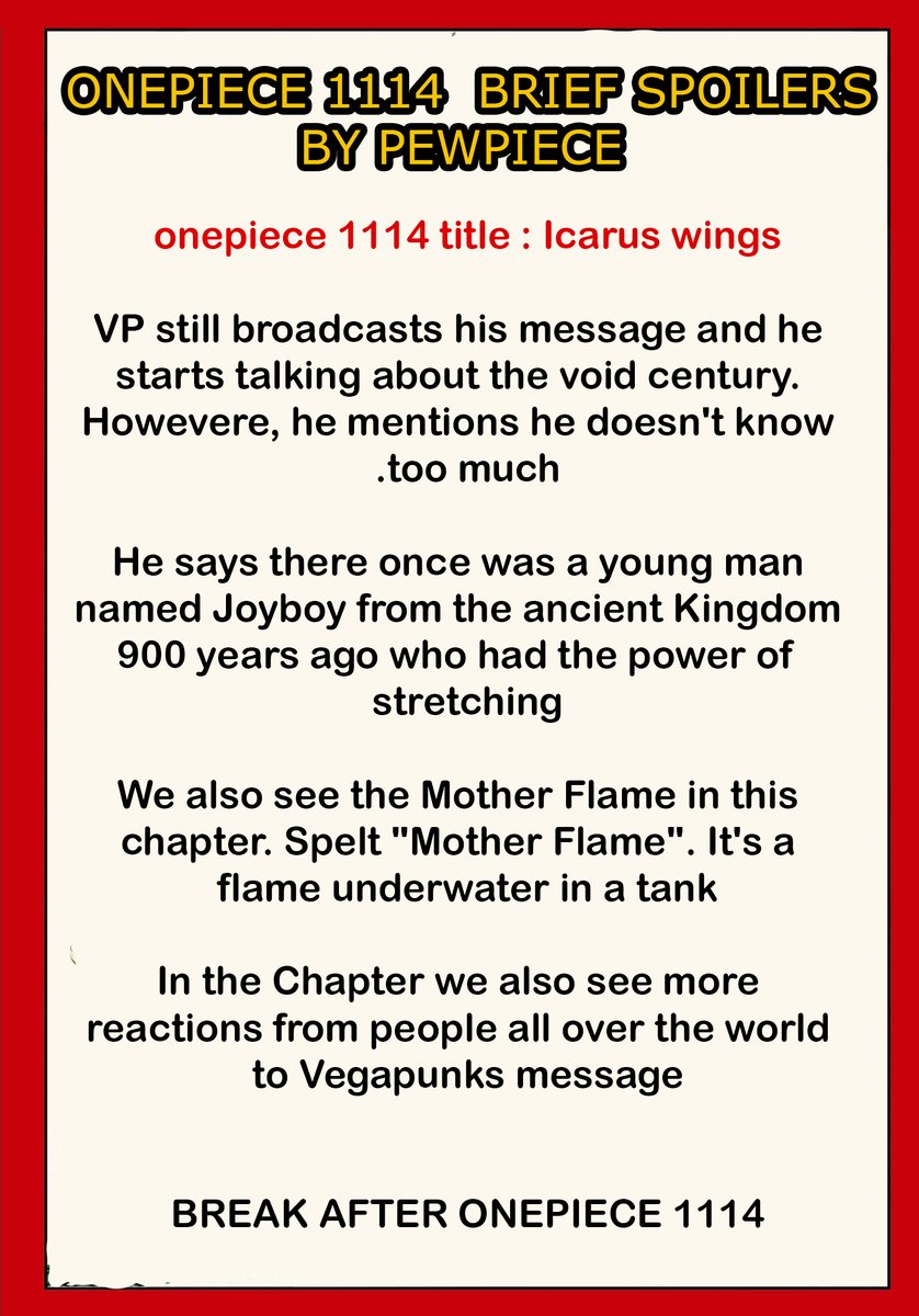 #ONEPIECE1114 #opspoilers  

ONEPIECE 1114 BRIEF SPOILERS BY ME