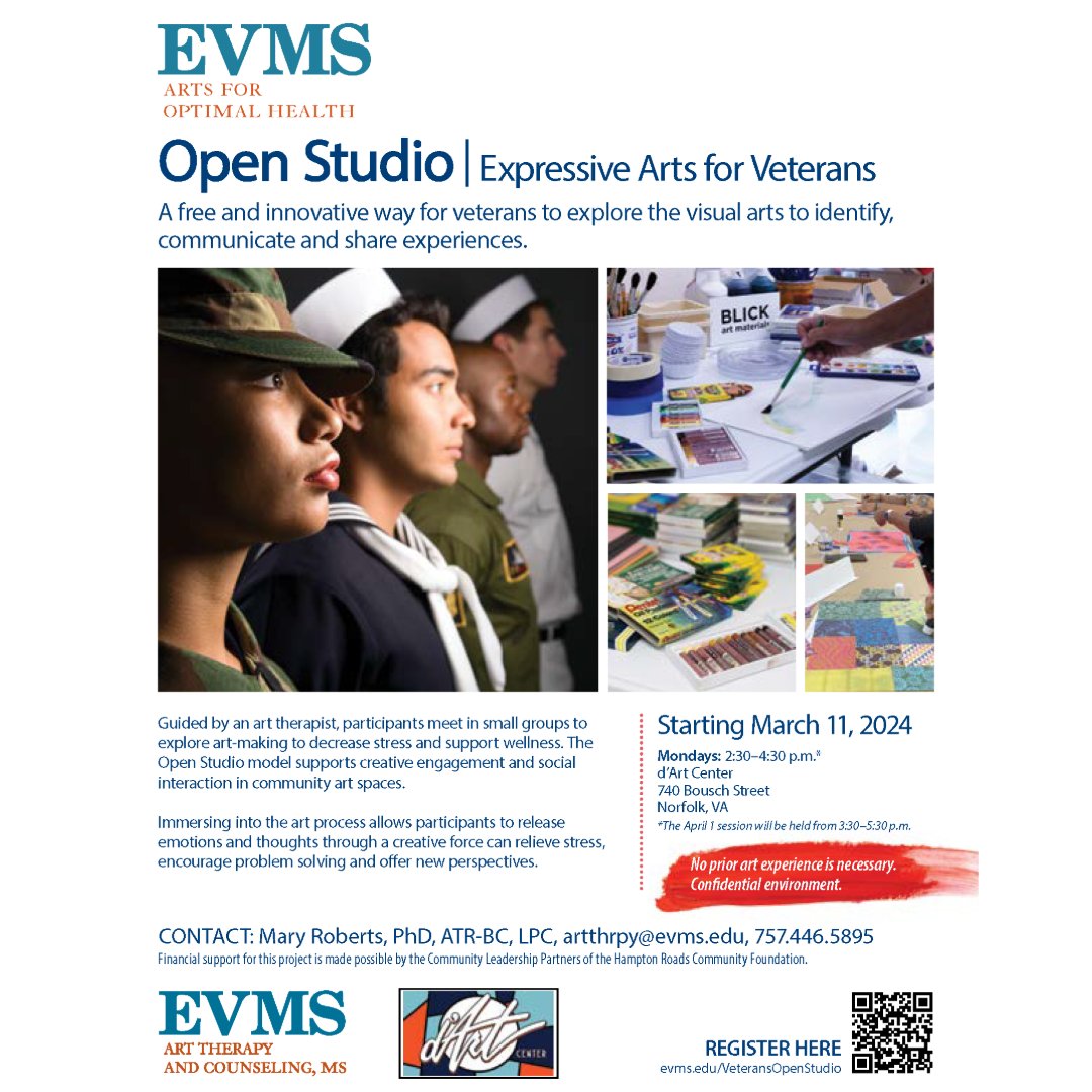 Spots Open Now: Veterans are invited to join this free artmaking project in Norfolk — Mondays through May 15. Get info by scanning the QR code or visit evms.edu/VeteransOpenSt….