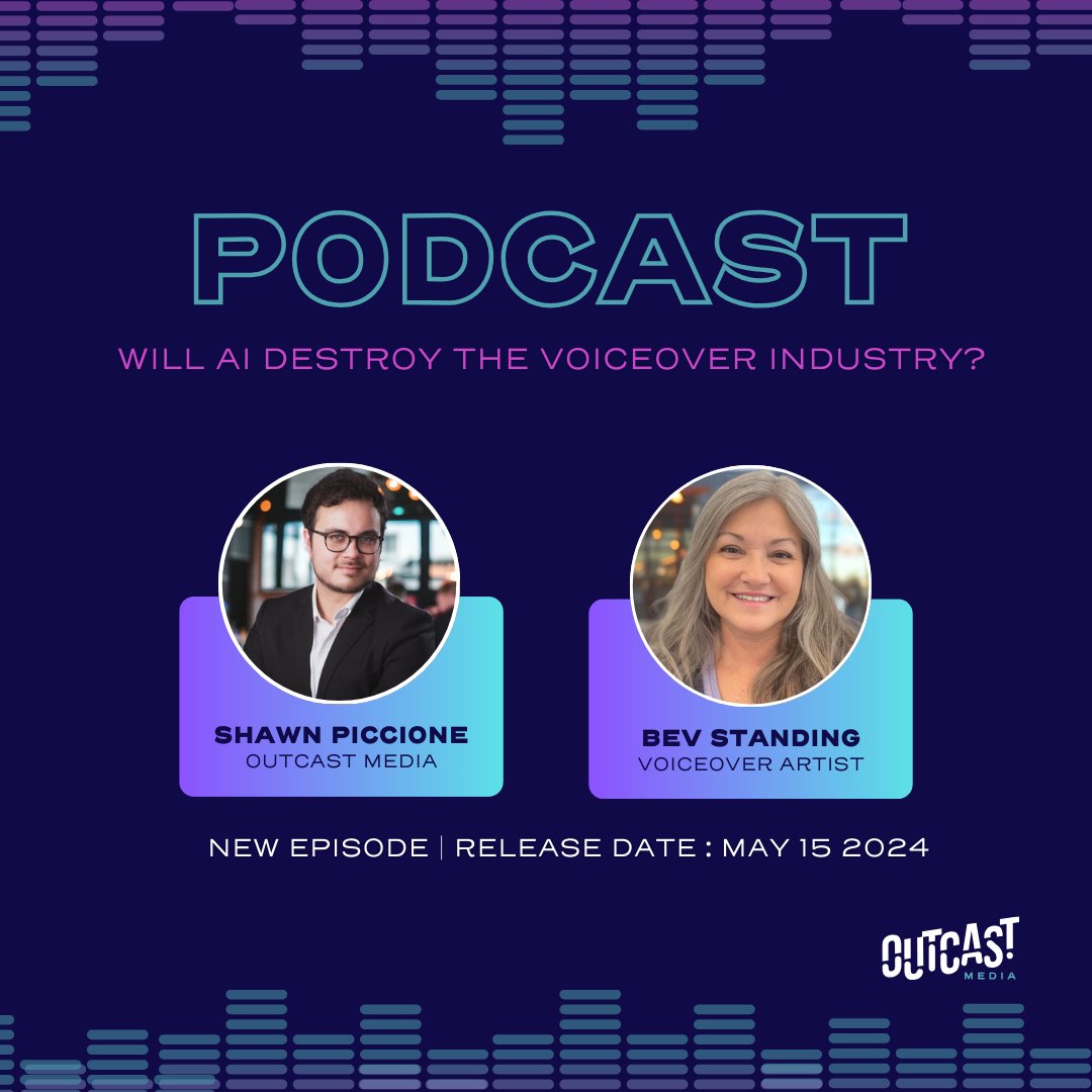 🎙️ Exciting news! Our first podcast episode drops May 15th! 🚀 Join us as we dive deep into the future of voiceover industry with the talented @BevStanding. Will AI destroy the voiceover industry? Tune in to find out! 🤖🗣️ #PodcastLaunch #AIvsVoiceover #OutcastMedia