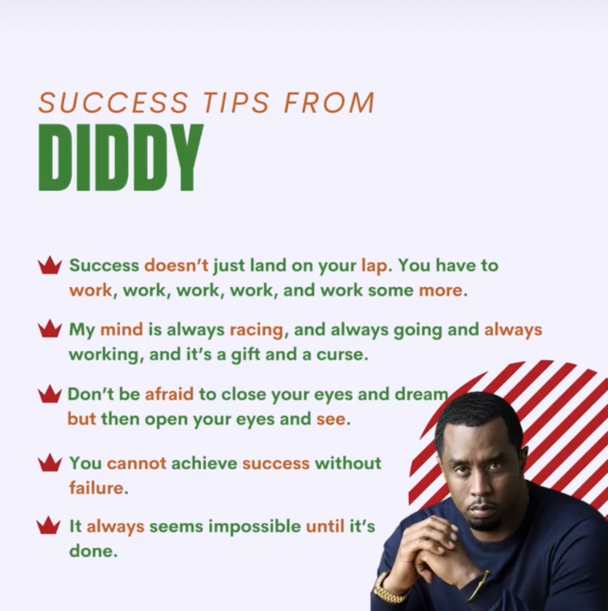 Discover how Diddy climbed to the top and how you can too!

👉🏾 Which of these tips speaks to you the most? 

#SuccessTips #Diddy #DreamBig #BeRelentless #BuildABrand #MogulMindset #EntrepreneurGoals #HustleHard #BusinessSuccess #BrandBuilding #InspirationDaily #Motivation