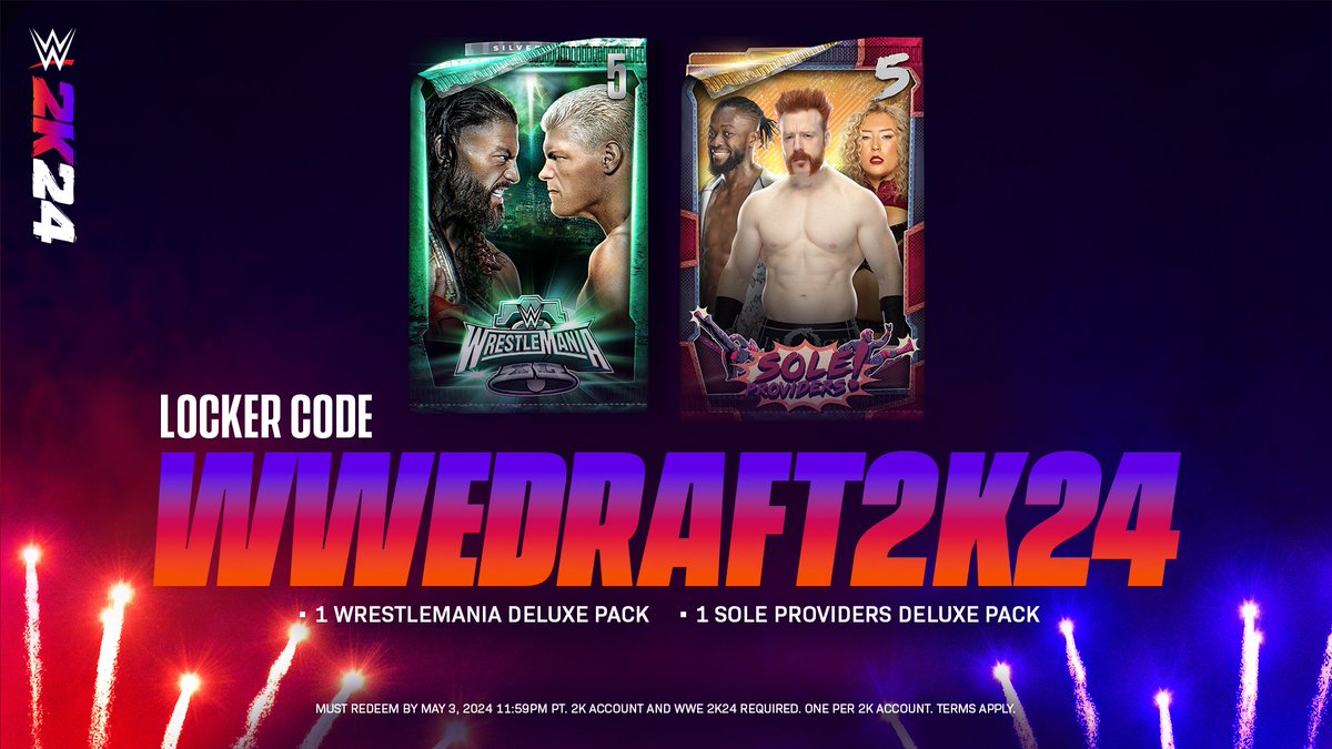 🚨NUEVO CÓDIGO DE VESTUARIO🚨

📍CÓDIGO: WWEDRAFT2K24 

Contiene: 
🔥1 WrestleMania Deluxe Pack
🔥1 Sole Providers Deluxe Pack 

#WWE2K24 #LOCKERCODE #CODIGODEVESTUARIO