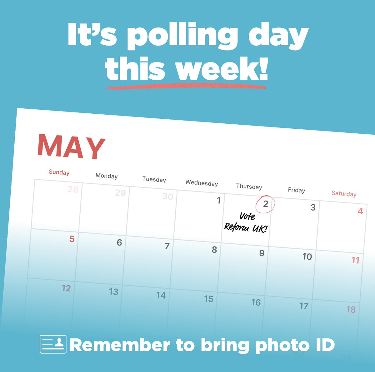 🚨TOMORROW: Remember, tomorrow is polling day in the local and mayoral elections. 🕖Polling stations are open 7am to 10pm. 🪪 Don’t forget to take a form of ID. To send a message to Westminster, vote Reform UK.