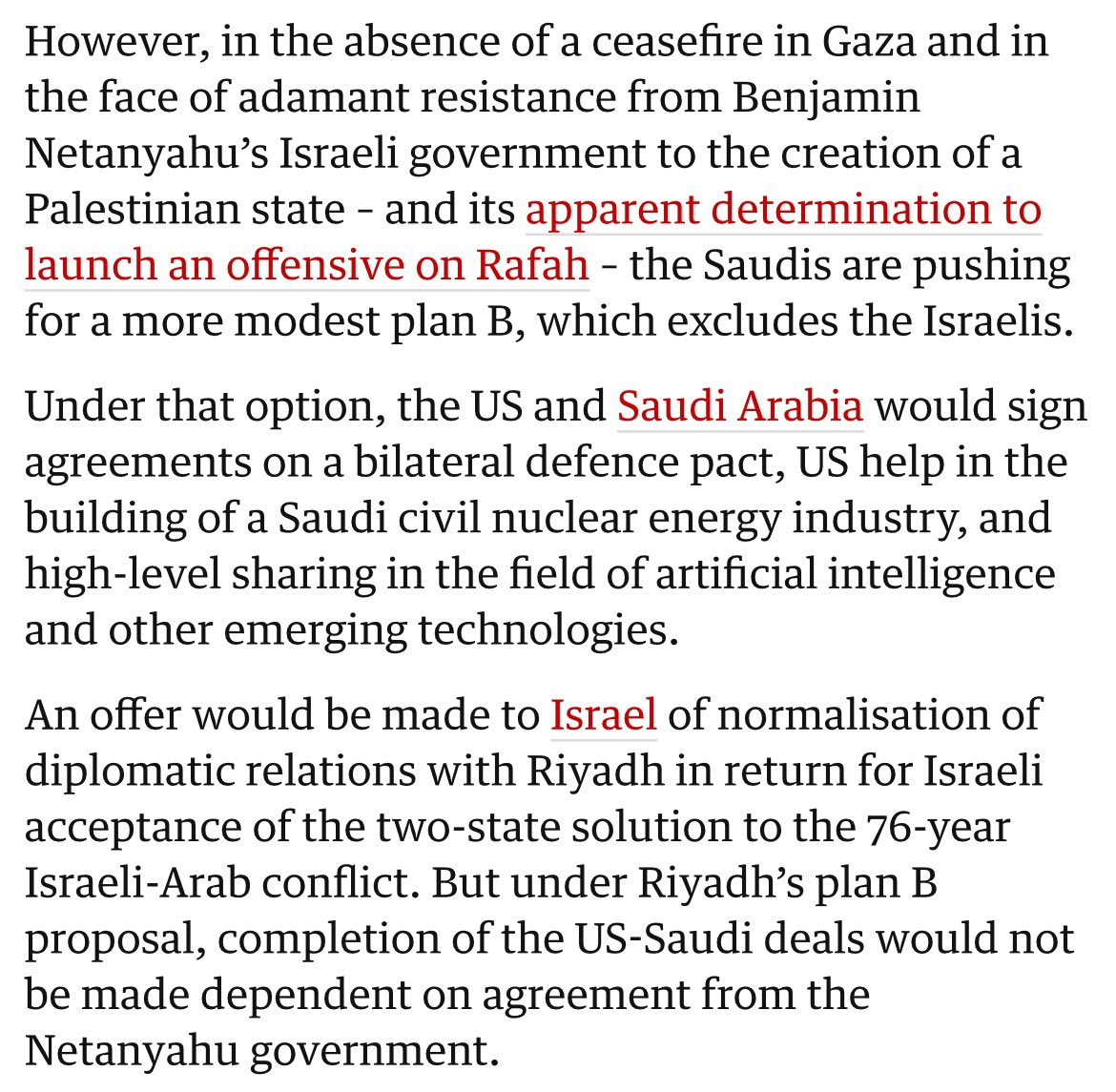 Saudi Arabia now pushing for a Plan B with the U.S. in the event Netanyahu is intransigent on the Palestinian issue (he is). As you might expect, it’s a one-way deal with Riyadh getting all the benefits and the U.S. getting zilch. How dumb do you have to be to sign this?