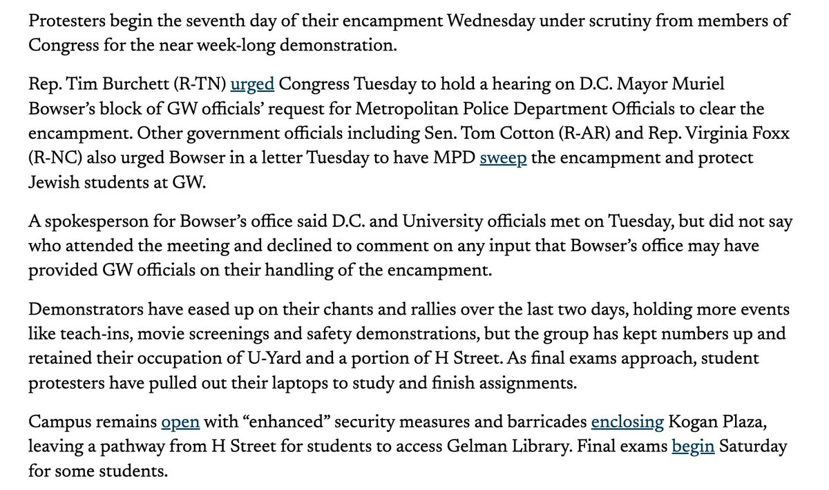 As GW student protesters host teach ins on Gaza and safety demonstrations, juggling that with studying for exams, Republicans in Congress are trying to hold a hearing on why the mayor won't send DC police to the campus.   

Great reporting from <a href="/gwhatchet/">The GW Hatchet</a>
