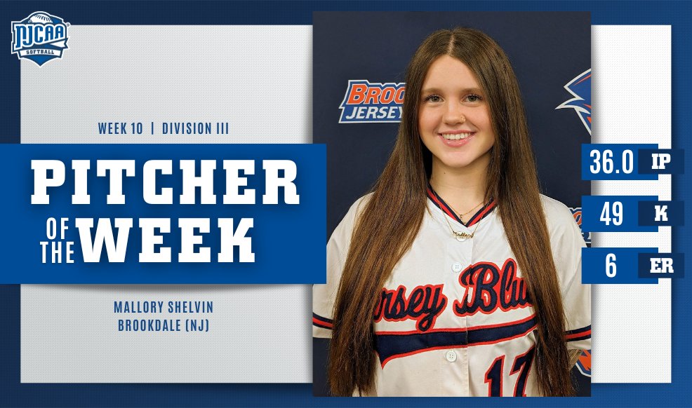 🔥 Mallory Shelvin of @BCCAthletics is the #NJCAASoftball DIII Pitcher of the Week! Shelvin struck out 49 batters across 36 innings for the Jersey Blues, leading them to a big week. #NJCAAPOTW