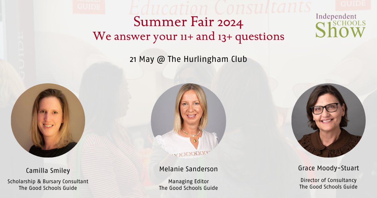 Join us at the @ischoolsshow Summer Fair on 21 May 2024 💰 Plan for fees with @KillikandCo & @Selina_Finance 🏫 Explore boarding with @TonbridgeUK & @benendenschool 🏆 Unveil success traits with @FHSSloaneSquare & @LatymerUpper Tap here for tickets bit.ly/3JooOxN