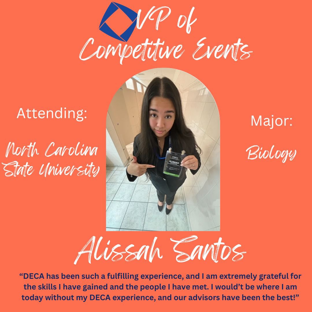 DECA Officer Senior Sign Off: VP of Competitive Events Alissah Santos!

-Alissah  thank you for all that you have done for our club over the past four years! 

Congratulations on your upcoming graduation! We are so proud of you! #classof2024