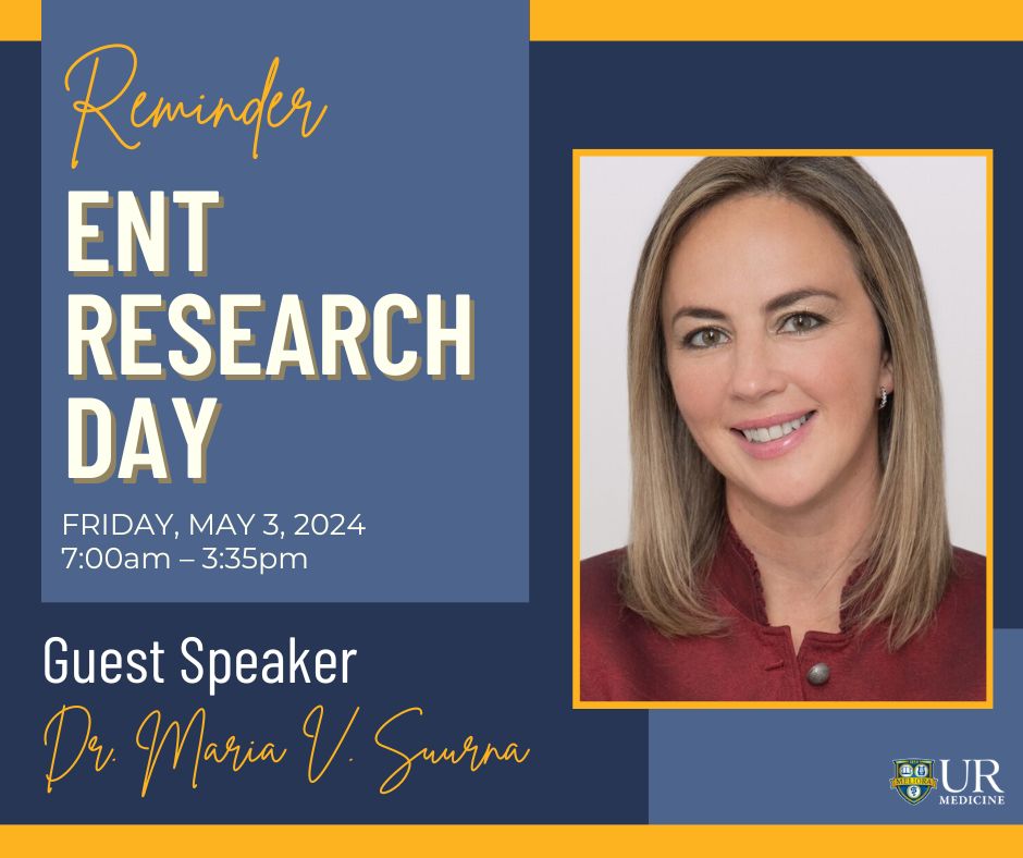 We're excited to be hosting our Annual Otolaryngology Research Forum this year! Join us for a day of presentations on the latest research. 
Join us in person at @URochester_SMD or Zoom!
@UofR @UMiamiHealth #ENT #MedTwitter #URochesterResearch