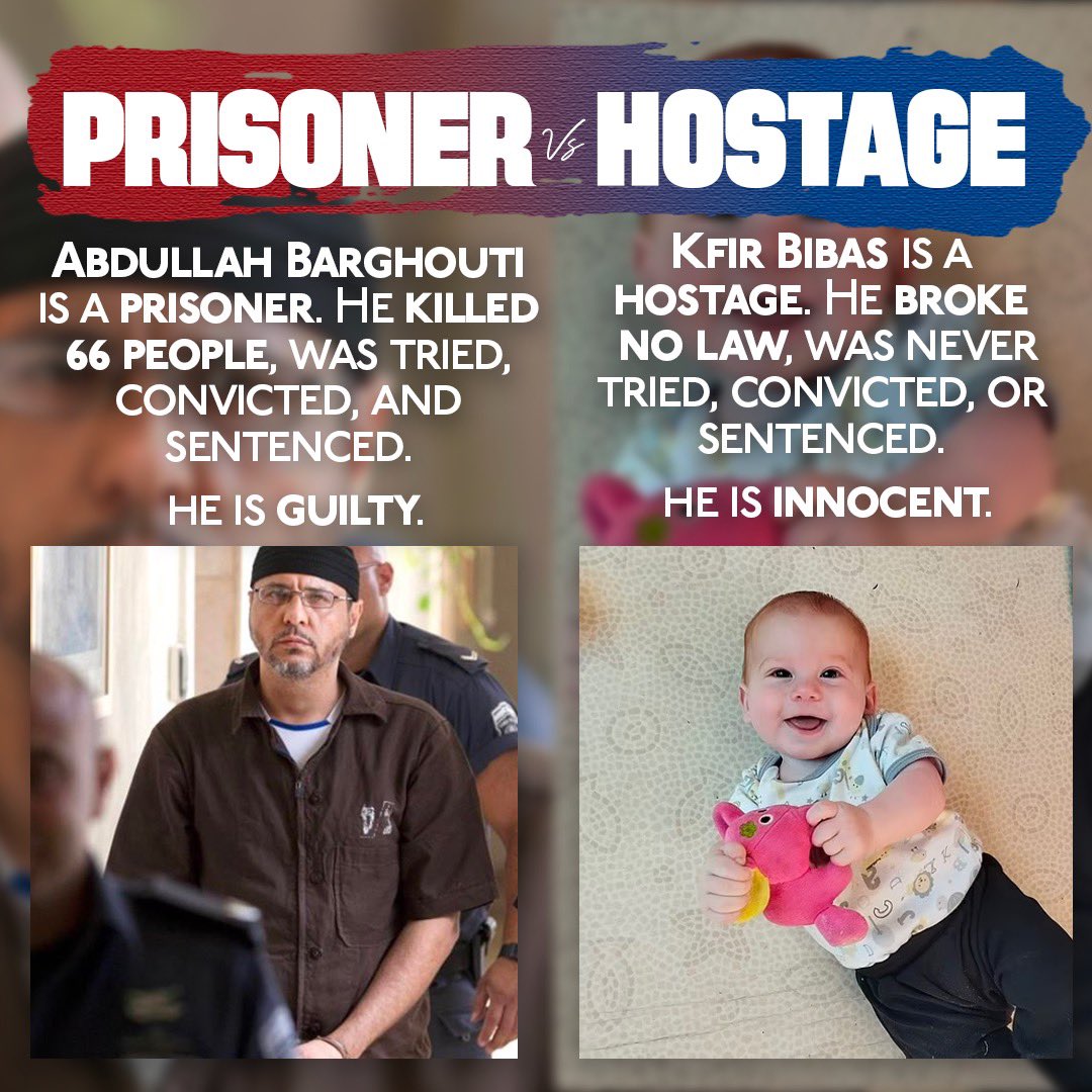 Many leftists can't distinguish between prisoners & hostages. If a Democratic government credibly accuses you of a crime, tries & convicts you: prisoner. 🇮🇱 If terrorists kidnap you, hold you indefinitely with no trial, & you’ve broken no laws: hostage. 🇵🇸 Hope this helps! 😊