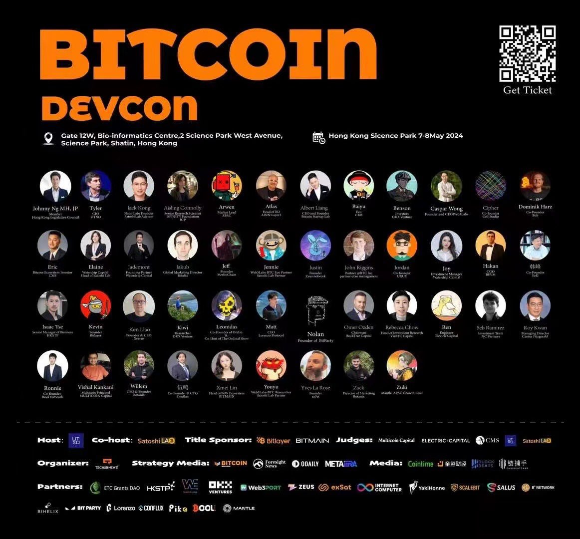 The very first Bitcoin DevCon Hosted by @UTXOmgmt & @SatoshiLab_HK will be taking place May 7-8 at HK Science Park. Grab a ticket now! lu.ma/h6xx7gm3