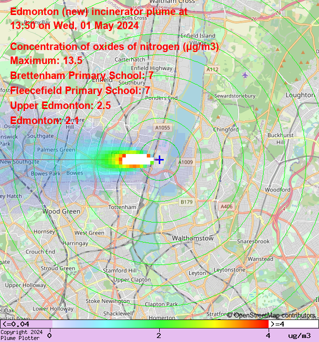 Latest Edmonton (new) incinerator plume plot, 13:50 01/05/24 #UpperEdmonton #Edmonton #NewSouthgate plumeplotter.com/edmonton/