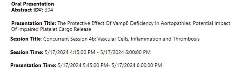May 1st means starting the tweets about #VascularDiscovery24!

Can't wait to catch up with y'all!
Join my talk for some very cool results about the mechanism of #platelets involvement in aortic aneurysms!

@ATVBEarlyCareer @atvbahajournals @AHAScience