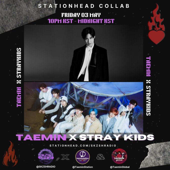 💿STATIONHEAD COLLAB💿 Ready to turn up the heat? 💌SAVE THE DATE ~ Enjoy the incredible magic of our #TAEMIN & #StrayKids mixtape as we host with our amazing guests @TaeminStation & @TaeminGlobal 🗓️ Friday 03 MAY ⏰ 10PM - 12AM KST 📻 stationhead.com/skzshradio…