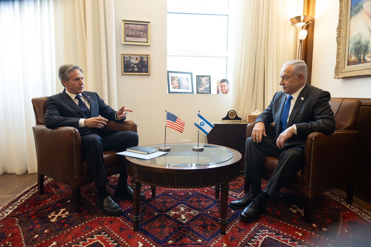 In Jerusalem, I met with @IsraeliPM Netanyahu on efforts to achieve a ceasefire deal with the release of hostages and the imperative of sustaining increases in aid to civilians throughout Gaza.