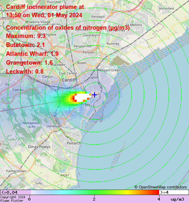 Latest Cardiff incinerator plume plot, 13:50 01/05/24 #Butetown #AtlanticWharf #Grangetown plumeplotter.com/cardiff/