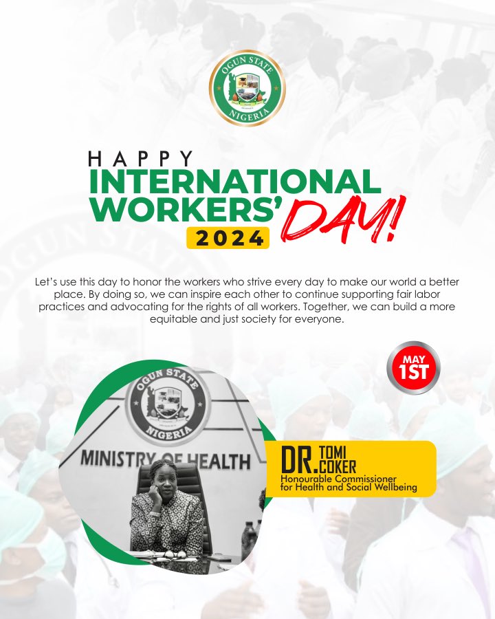 Happy International Workers’ Day!

Let's all enjoy the Celebration and reflect on the theme;

'Safety and Good Health at Work'.

#buildingourfuturetogether #ogunstategovernment