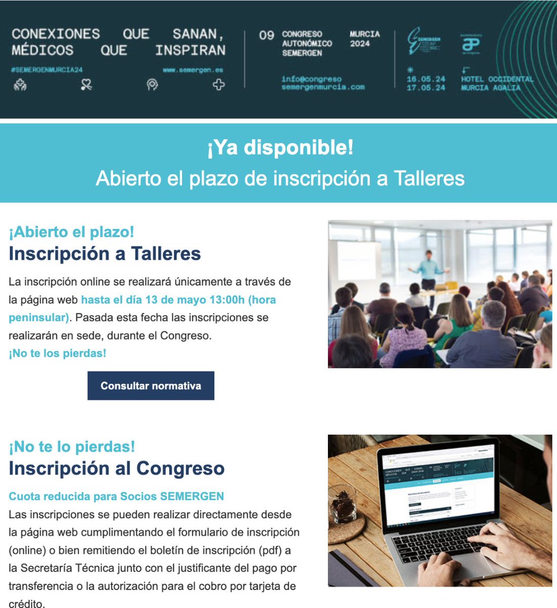 IX Congreso Autonómico @SEMERGENMurcia   🗓️ 16 y 17 MAYO ¡Abierto Plazo de inscripción a TALLERES hasta 13 de Mayo! i.mtr.cool/khmfinjhfy #SEMERGENMurcia24
