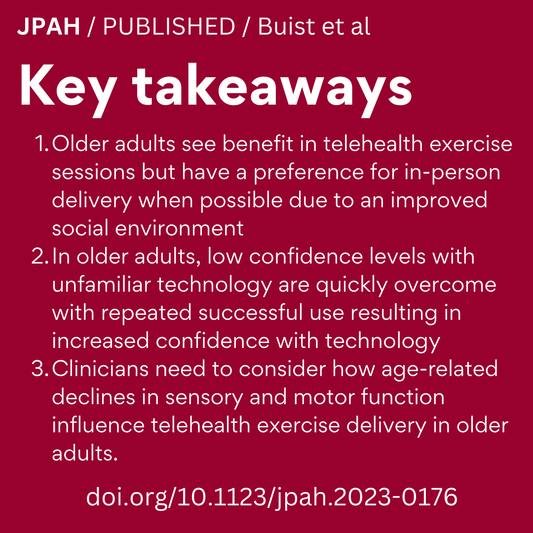 As self-confessed 'technophobes', older adults can be hesitant to use digital technology. This study explores the experience of older adults using a digital #physicalactivity intervention, &amp; provides insights to guide future #telehealth delivery 

doi.org/10.1123/jpah.2…
