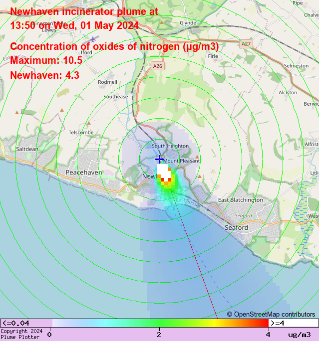 Latest Newhaven incinerator plume plot, 13:50 01/05/24 #Newhaven plumeplotter.com/newhaven/